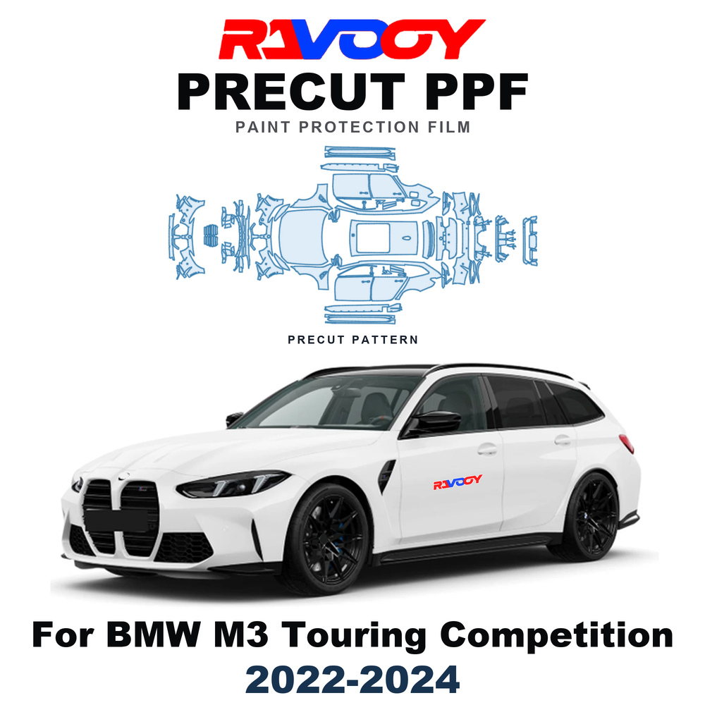 Abs Filament - BMW M3 Touring Competition 2022-2024年モデル用、8.5mil厚のTPU製ペイント保護フィルム。フロントフード、バンパー、ヘッドライト用。自己修復機能付き。