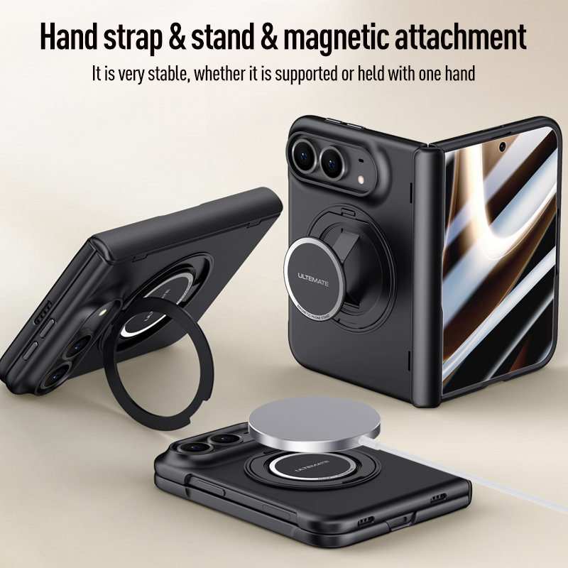 Glass Bed - iPhone Duo 18 Duo Fold Wide用、高級感あふれる360度回転式磁石内蔵スタンド付きハンドストラップケース。Magsafe対応、衝撃吸収、フィルム一体型カバー。